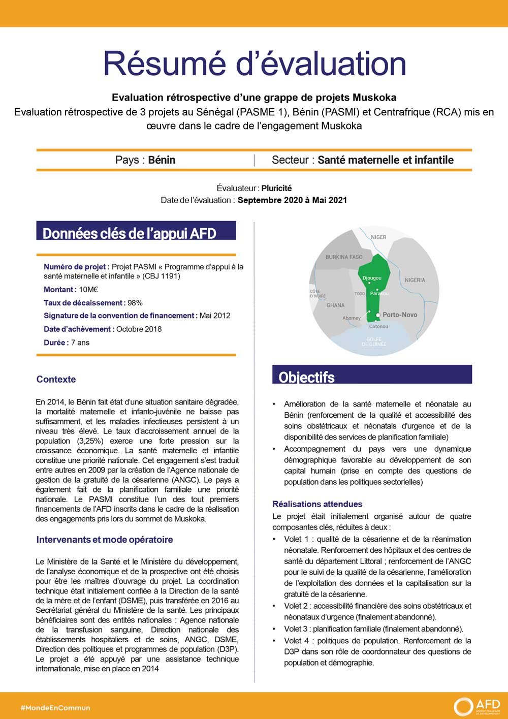 Résumé d'évaluation - Trois projets au Sénégal (PASME 1), Bénin (PASMI) et Centrafrique mis en œuvre dans le cadre de l’engagement Muskoka (CBJ1191-CCF1157-CSN1366)