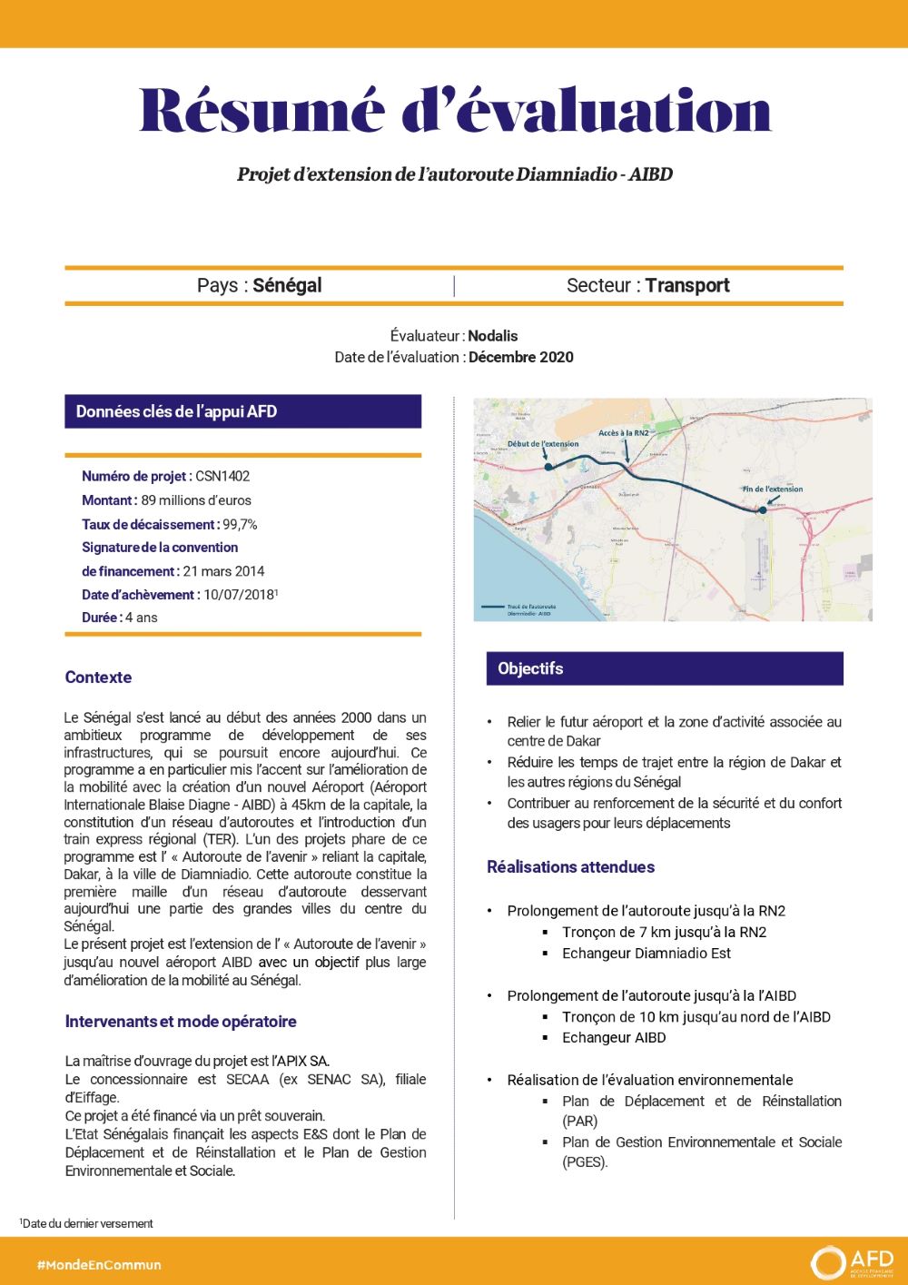 Résumé d’évaluation - Projet d’extension de l’autoroute Diamniadio au Sénégal