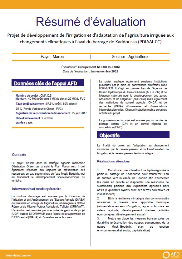 Evaluation à mi-parcours du Projet de développement de l'irrigation et d'adaptation de l'agriculture irriguée aux changements climatiques à l'aval du barrage de Kaddoussa (PDIAAI-CC), Maroc