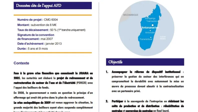 Résumé d'évaluation - Appui au redressement de la JIRAMA (opérateur électrique de Madagascar)