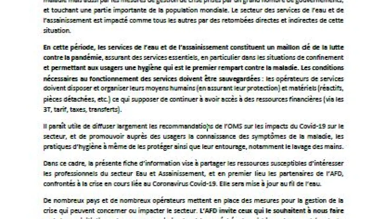 Ressources pour la gestion de la crise liée au Coronavirus Covid-19 dans le secteur eau et assainissement